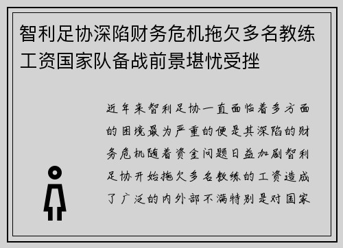智利足协深陷财务危机拖欠多名教练工资国家队备战前景堪忧受挫 智利足协深陷财务危机拖欠多名教练工资国家队备战前景堪忧受挫